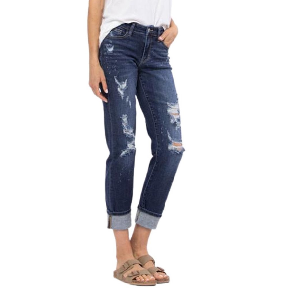 Judy Blue Mid-Rise Boyfriend Bleach Splash Destroyed Jeans - Dark Blue Wash - Picture 4 of 6